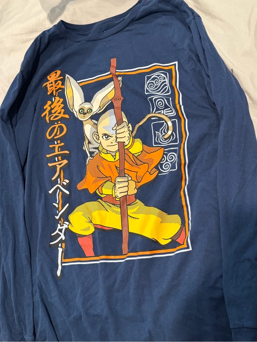 Blue Graphic Long-Sleeve Aang and momo avatar Shirt